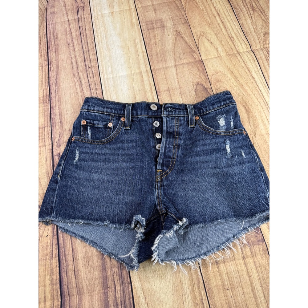 Levis 501 Original High Rise Denim Shorts Dark Wash Distressed Cut Off